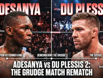 Side-by-side split screen promotional graphic featuring Israel Adesanya on the left and Dricus Du Plessis on the right, both looking forward in intensely lit fight poses with text reading "Adesanya vs Du Plessis 2: The Grudge Match Rematch".