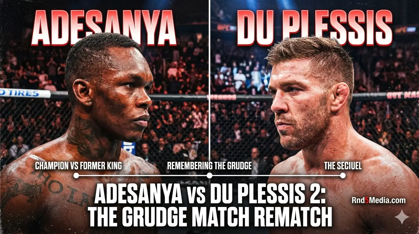 Side-by-side split screen promotional graphic featuring Israel Adesanya on the left and Dricus Du Plessis on the right, both looking forward in intensely lit fight poses with text reading "Adesanya vs Du Plessis 2: The Grudge Match Rematch".