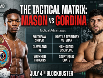 Side-by-side promotional graphic with Abdullah Mason (WBO belt) and Joe Cordina, with detailed tactical grid overlays on a dark Cleveland cityscape background, featuring fight details and 'Rnd5Media.com'.