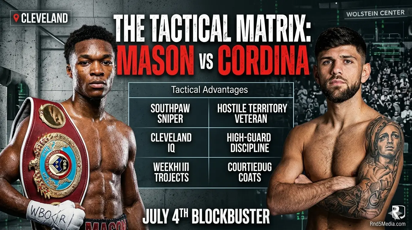 Side-by-side promotional graphic with Abdullah Mason (WBO belt) and Joe Cordina, with detailed tactical grid overlays on a dark Cleveland cityscape background, featuring fight details and 'Rnd5Media.com'.