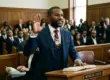 A sharply dressed Floyd Mayweather standing on a witness stand in a wood-paneled courtroom, raising his right hand to swear an oath with his left hand on a Bible. He is smiling and wearing a blue three-piece suit, diamond bracelets, rings, and large chains.