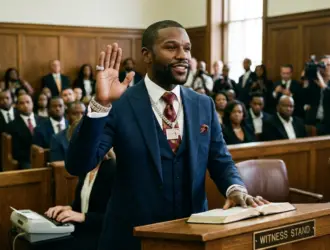 A sharply dressed Floyd Mayweather standing on a witness stand in a wood-paneled courtroom, raising his right hand to swear an oath with his left hand on a Bible. He is smiling and wearing a blue three-piece suit, diamond bracelets, rings, and large chains.
