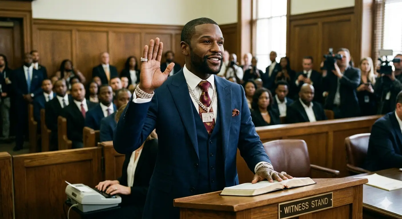 A sharply dressed Floyd Mayweather standing on a witness stand in a wood-paneled courtroom, raising his right hand to swear an oath with his left hand on a Bible. He is smiling and wearing a blue three-piece suit, diamond bracelets, rings, and large chains.