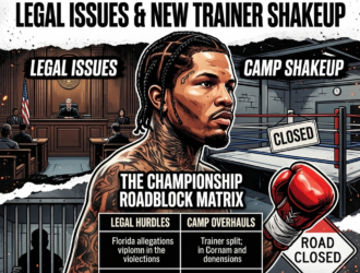 A split-panel promotional graphic featuring a focused Gervonta Davis. The design includes a realistic courthouse interior on the left and a boxing gym ring with a closed sign on the right, styled with a distressed grunge texture.