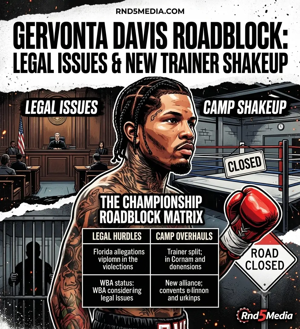 A split-panel promotional graphic featuring a focused Gervonta Davis. The design includes a realistic courthouse interior on the left and a boxing gym ring with a closed sign on the right, styled with a distressed grunge texture.