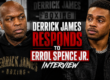 Derrick James and Errol Spence Jr. featured in a boxing news graphic highlighting Derrick James’ response to Errol Spence Jr.’s interview about the end of their longtime trainer-fighter partnership.