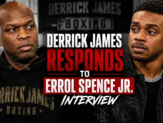 Derrick James and Errol Spence Jr. featured in a boxing news graphic highlighting Derrick James’ response to Errol Spence Jr.’s interview about the end of their longtime trainer-fighter partnership.