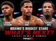Shakur Stevenson, Devin Haney, and Gervonta Davis featured in a boxing news graphic highlighting the latest headlines and future superfight discussions.