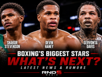 Shakur Stevenson, Devin Haney, and Gervonta Davis featured in a boxing news graphic highlighting the latest headlines and future superfight discussions.