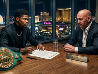 Photo of boxer Shakur Stevenson signing a contract at a conference table opposite Dana White. A WBC championship belt sits on the table. A Las Vegas skyline is visible through the window.