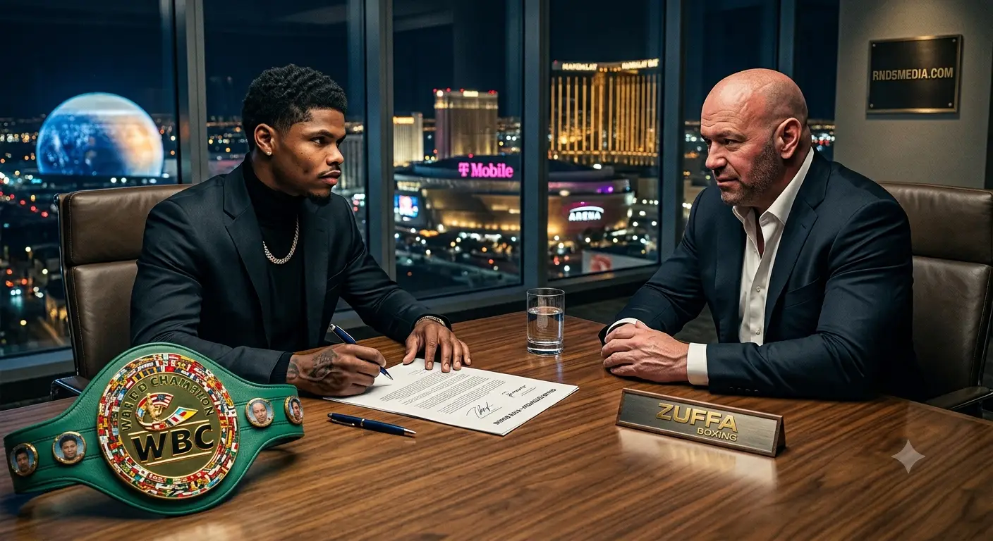 Photo of boxer Shakur Stevenson signing a contract at a conference table opposite Dana White. A WBC championship belt sits on the table. A Las Vegas skyline is visible through the window.