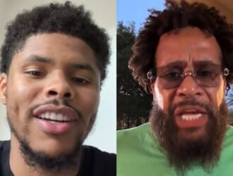 AKHi TV clip of Bill Haney talking face to face with Shakur Stevenson about the sparring posts