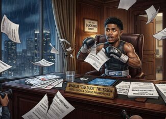 A satine feature image depicting boxer Shakur Stevenson sitting behind an executive desk wearing gloves and boxing trunks, looking terrified while tearing up fight agreements. The desk features a nameplate that reads "SHAKUR 'THE DUCK' TWITTERSON - PRES. DUCK & DODGE PROMOTIONS".