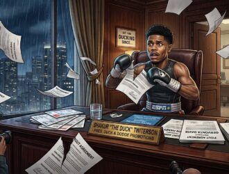 A satine feature image depicting boxer Shakur Stevenson sitting behind an executive desk wearing gloves and boxing trunks, looking terrified while tearing up fight agreements. The desk features a nameplate that reads "SHAKUR 'THE DUCK' TWITTERSON - PRES. DUCK & DODGE PROMOTIONS".