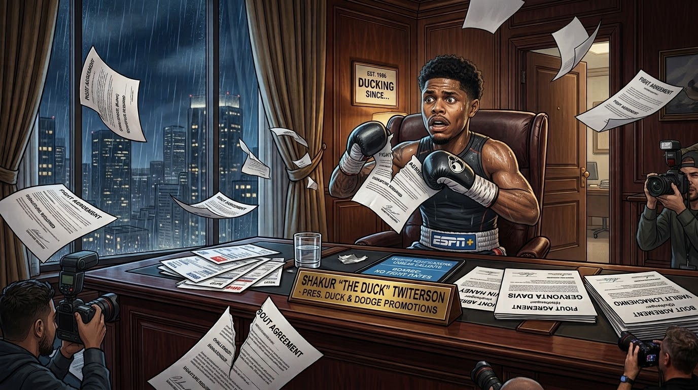 A satine feature image depicting boxer Shakur Stevenson sitting behind an executive desk wearing gloves and boxing trunks, looking terrified while tearing up fight agreements. The desk features a nameplate that reads "SHAKUR 'THE DUCK' TWITTERSON - PRES. DUCK & DODGE PROMOTIONS".
