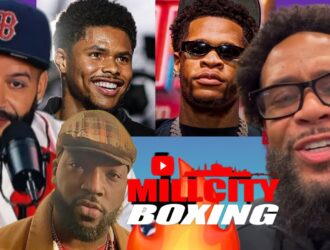 Mill City Boxing thumbnail collage: the host, Shakur Stevenson, Devin Haney, Bill Haney and Coach Dorset around the Mill City Boxing logo