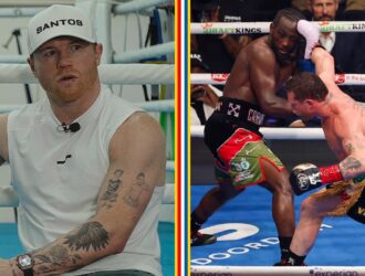Canelo Alvarez in a Ring interview beside action from his fight with Terence Crawford