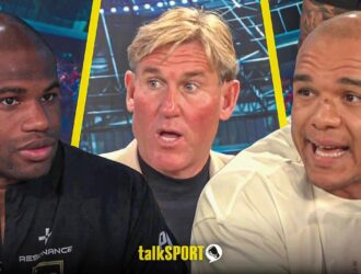 Daniel Dubois and Fabio Wardley either side of a talkSPORT host ahead of their October 17 rematch