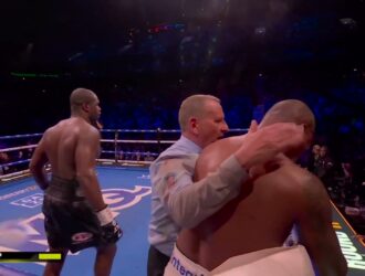 Daniel Dubois walks away as the referee holds Fabio Wardley after their first fight in May 2026 — Saturday's rematch at The O2 ended even faster, in two rounds