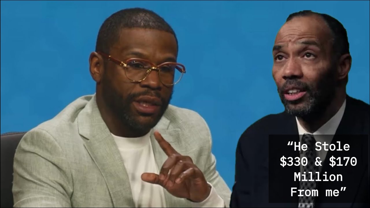 AKHi TV video thumbnail: Floyd Mayweather seated beside Leonard Ellerbe, captioned 'He Stole $330 & $170 Million From me'