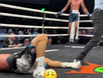 Sebastian Fundora stands in the corner as Ermal Hadribeaj lies flat on the canvas after the 12th-round knockout in Las Vegas