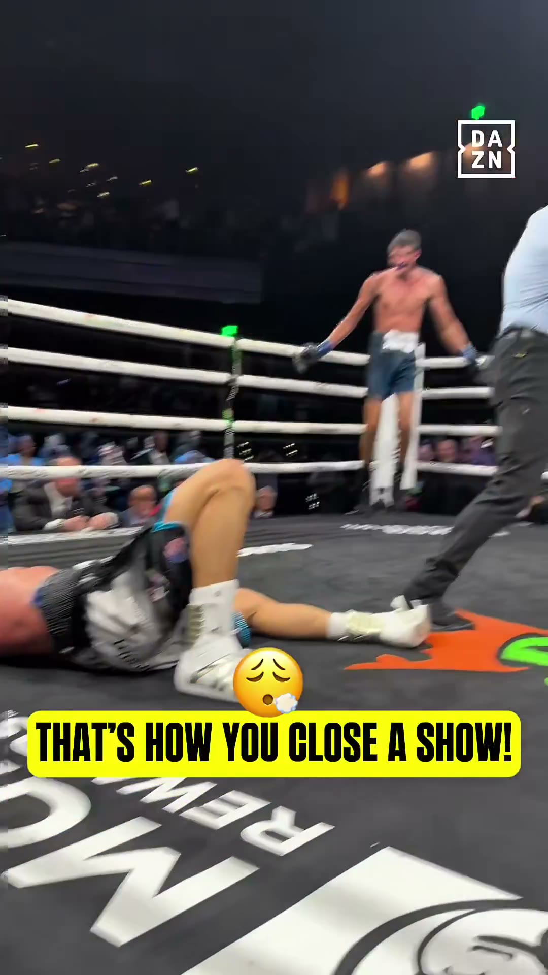 Sebastian Fundora stands in the corner as Ermal Hadribeaj lies flat on the canvas after the 12th-round knockout in Las Vegas
