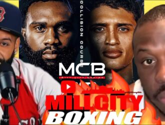 Mill City Boxing thumbnail: Jaron 'Boots' Ennis face to face with Sebastian Fundora under 'Collision Course' with the Mill City Boxing logo
