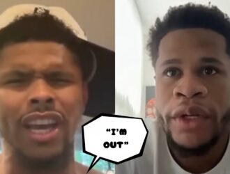 Devin Haney and Shakur Stevenson pictured either side of the AKHi TV logo in the video thumbnail for the collapsed 145-lb fight talks