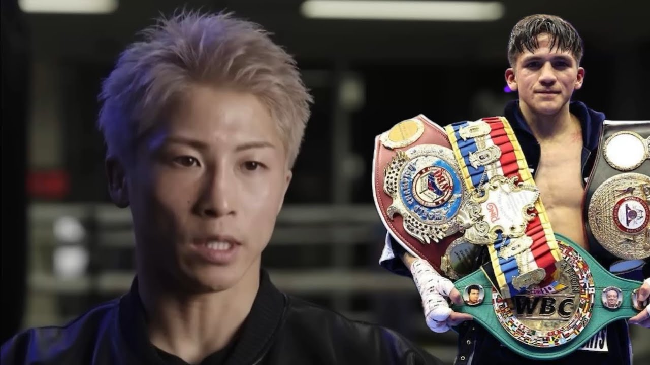 Naoya Inoue beside Jesse Rodriguez holding the WBC championship belts