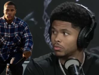 Shakur Stevenson at a podcast microphone with Devin Haney pictured behind him in the AKHi TV thumbnail