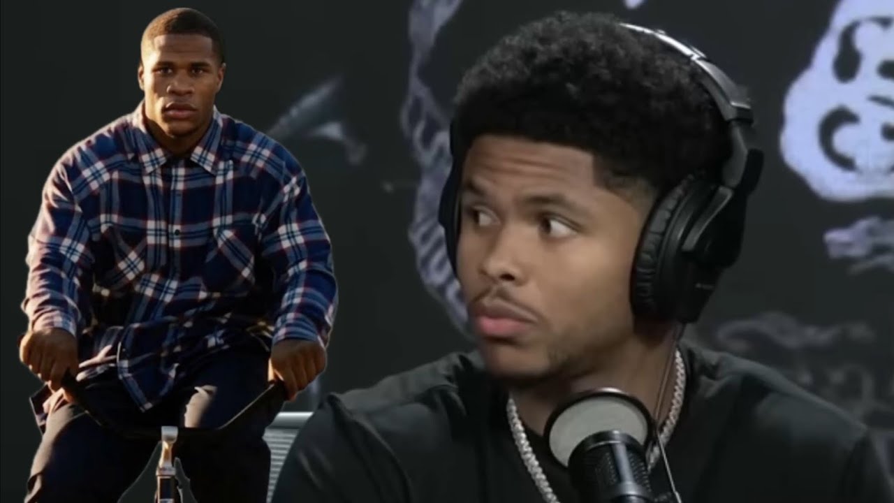 Shakur Stevenson at a podcast microphone with Devin Haney pictured behind him in the AKHi TV thumbnail