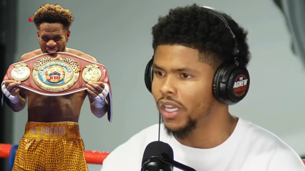 Devin Haney with the WBO belt beside a podcast host discussing the stalled Shakur Stevenson catchweight fight