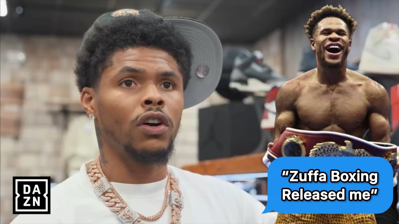 AKHi TV thumbnail: Shakur Stevenson in a cap and chains with a 'Zuffa Boxing Released me' speech bubble, Devin Haney laughing with a title belt behind him