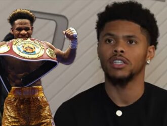 Shakur Stevenson hoisting the WBO belt beside a close-up interview still