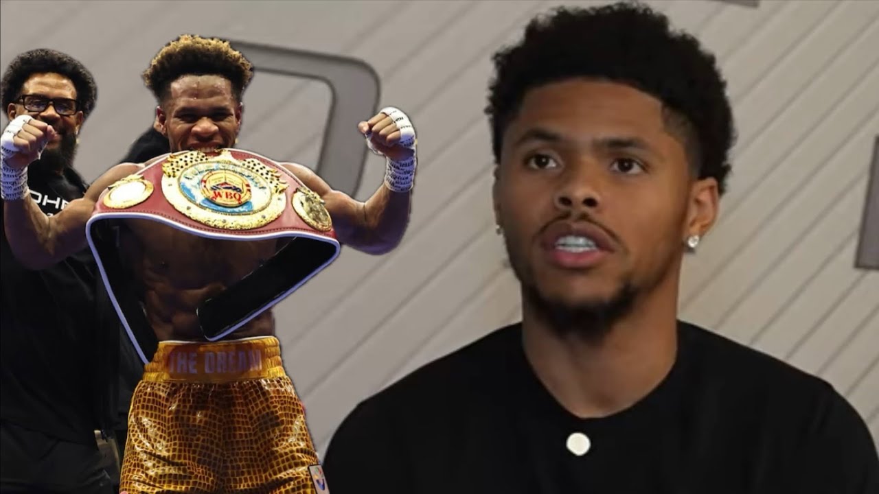 Shakur Stevenson hoisting the WBO belt beside a close-up interview still