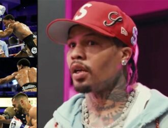 Gervonta Davis reacting to Floyd Schofield's WBA lightweight title win over Lucas Bahdi