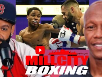 Zab Judah beside Schofield vs Bahdi fight action with the Mill City Boxing host